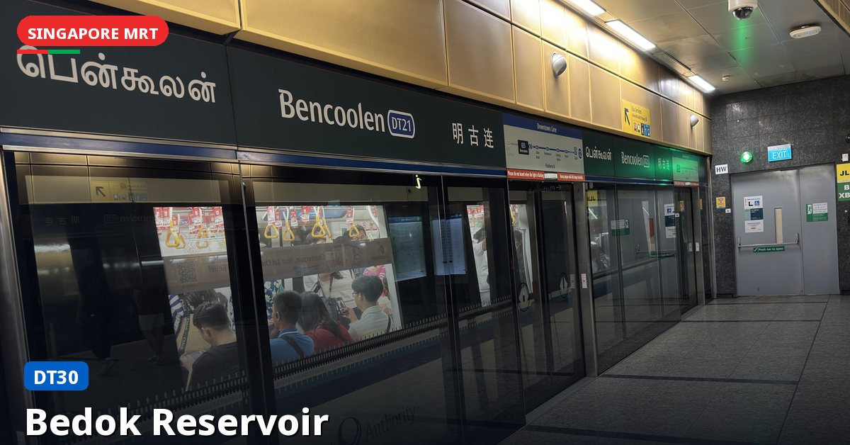 Bedok Reservoir MRT station in Singapore — Downtown Line (DT30)